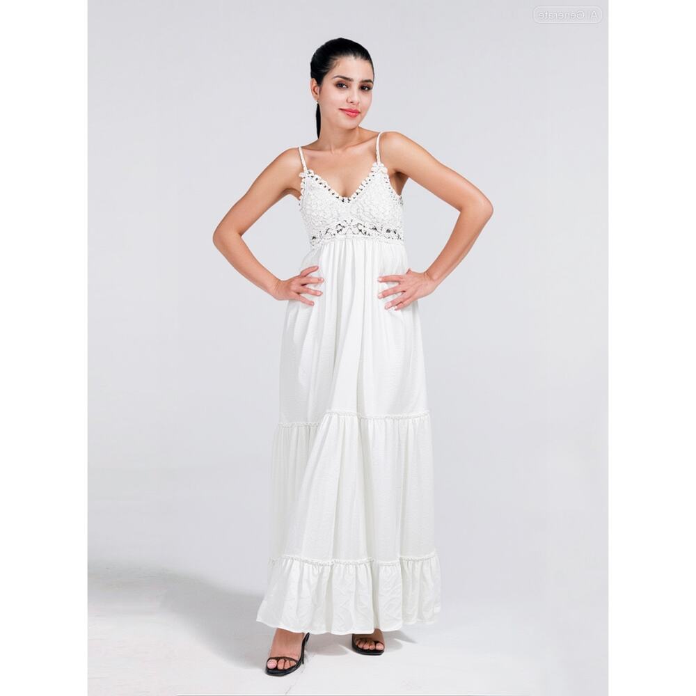 Southern Fried Chics White Lace Boho Maxi Dress Ballet Straps | Tiered Skirt | L